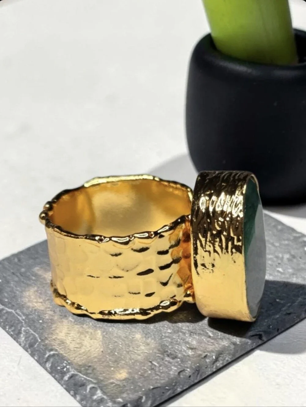 18k Gold Plated Hammered Chunky Artisan Genuine Natural Raw Emerald Beveled Ring